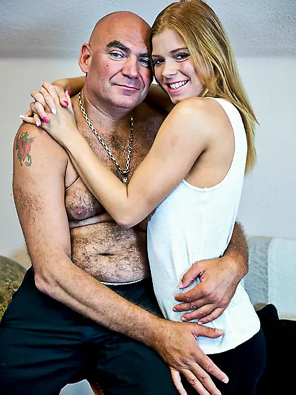 Attractive lassie and her old lover cuddle and kiss before he ba