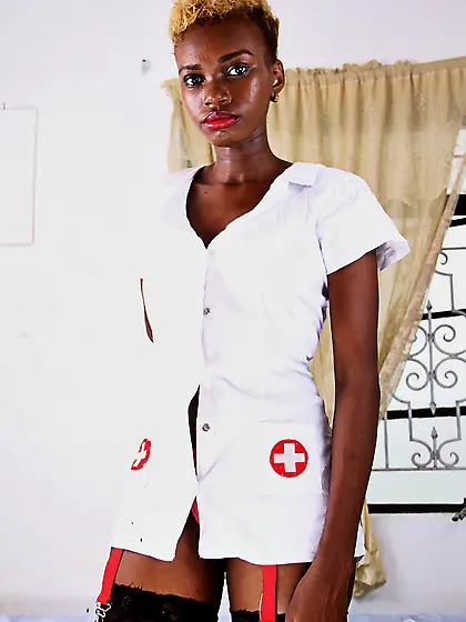 Ebony love with short blonde haircut is a nurse who strips to st