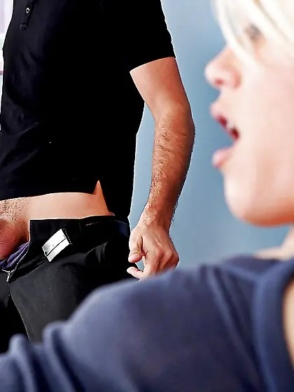 Curious blonde with short hair goes on her knees for him