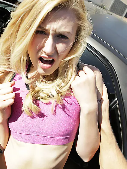 Blond-haired dressed in pink/purple gets banged by a bounty hunt