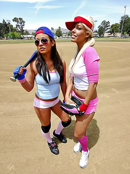 Mia Lelani and Bridgette B strip together and get banged by the