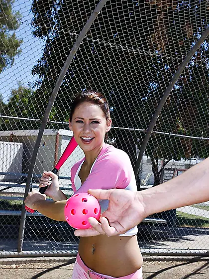 Slutty girl Jessica Valentino in pink uniform gags on dick and g