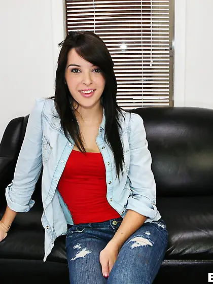 Cute brunette Natalie Heart strips to have her pussy drilled and