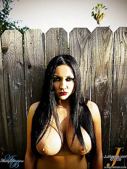 Turned on brunette Audrey Bitoni with big tanned boobs in stocki