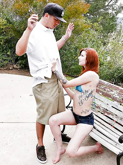 Brave red-haired bitch catches guy in street and brings home for