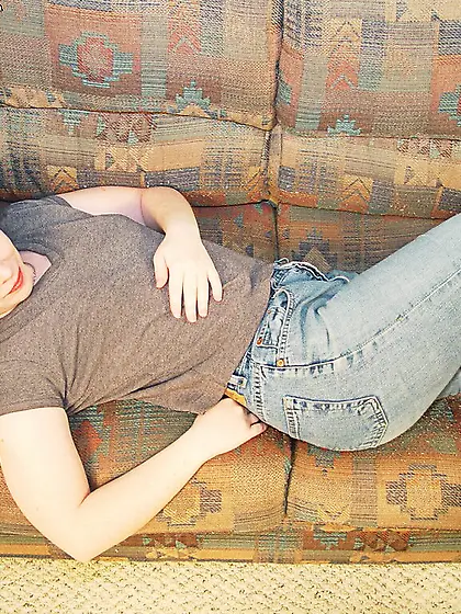 Redhead next door Lucy Knight takes off her blue jeans and black