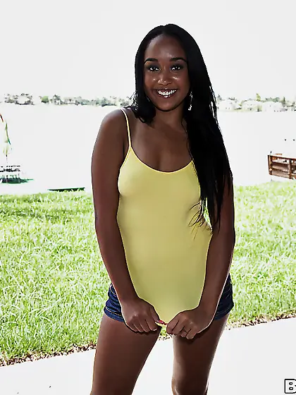 Shameless Latina babe Honey Luau flashing her small tits outside