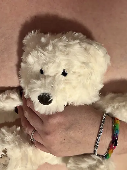 Holding my stuffie waiting for daddy