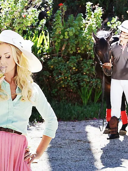 Luxurious-looking and downright preppy blonde in a hat gets bang