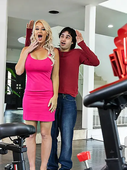 Bosomed yoga MILF London River fucks younger dude on the couch