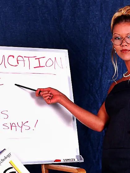 Slutty and classy teacher Julie Meadows masturbates in sexy blac