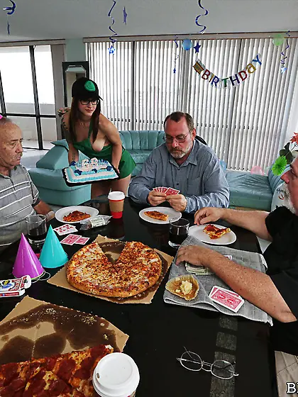 Glasses-wearing half-naked teen servicing a bunch of old fucks