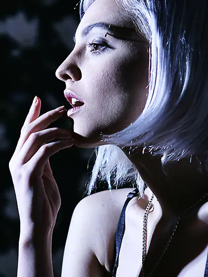 White-haired chick pantyhose shows