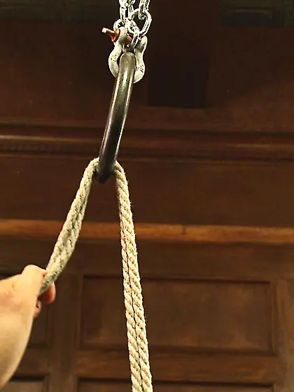 Blindfolded suspended lad gag-ball