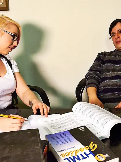 Girl in white stockings with glasses has an idea to have sex wit