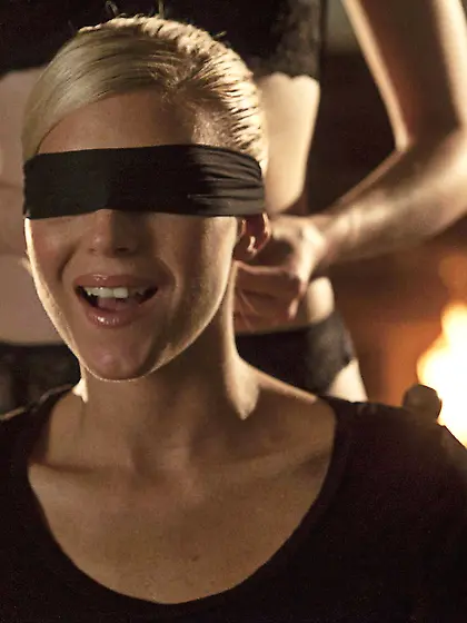 Blindfolded blonde enjoying BDSM lezdom torture, courtesy of a r