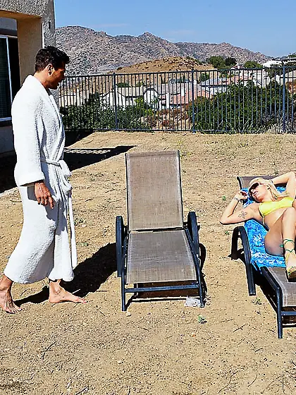 Busty bikini milf Monica Mayhem is riding stiff cock and getting