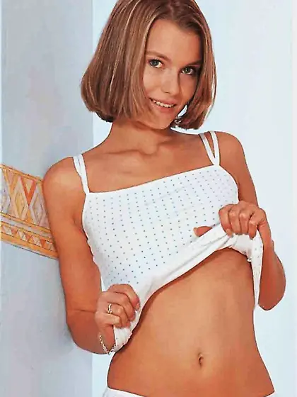 Karina Clarke takes off her virgin white panties and then sticks