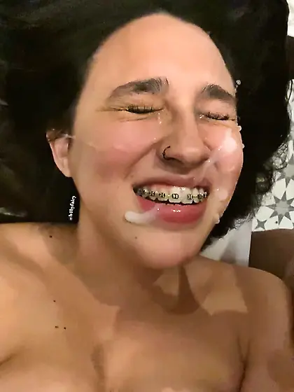 Brace face slut enjoys cum