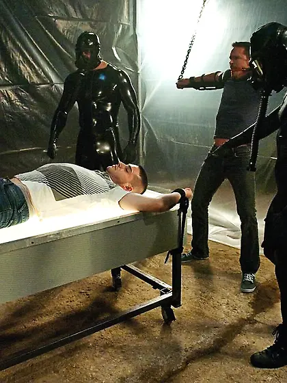 Gagged gay suspended strings