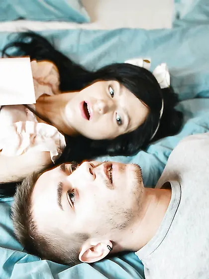 Excited brunette in headband doesn't mind if boyfriend ejaculate