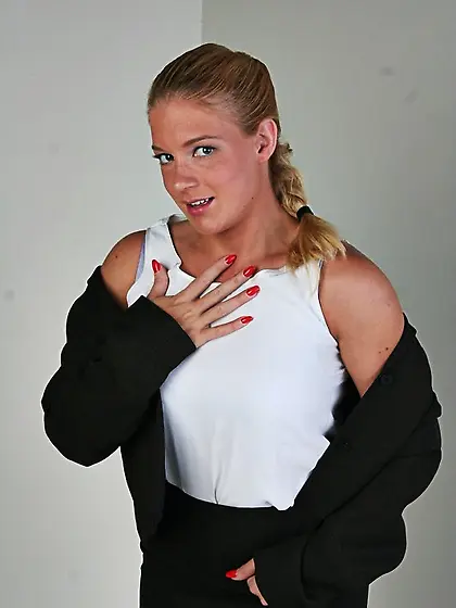 Big breasted slut Heidi Mayne strips down to her underwear and g