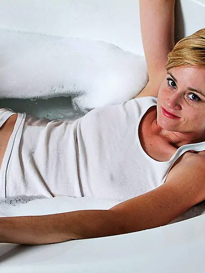 Sexy blonde milf in sheer panty and top Mindy Anilos having sex