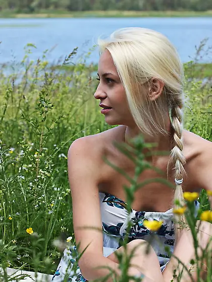 Nude blonde outside