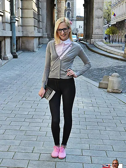 Blonde change ordinary outfit to a black tutu wanting to get old