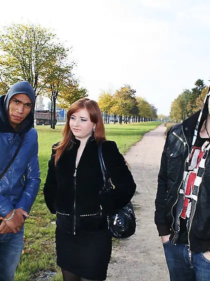 This blue eyed redhead doesn't care who sees her.