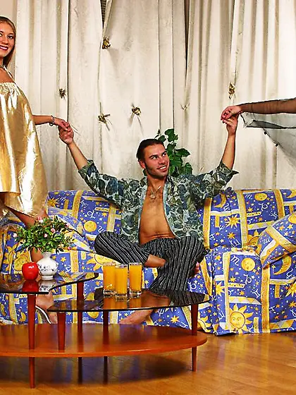 Two kitties wrapping dude's piston with their pouty lips and tea