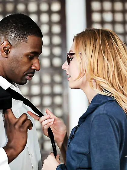 Nerdy secretary with slim body has interracial sex with black bo