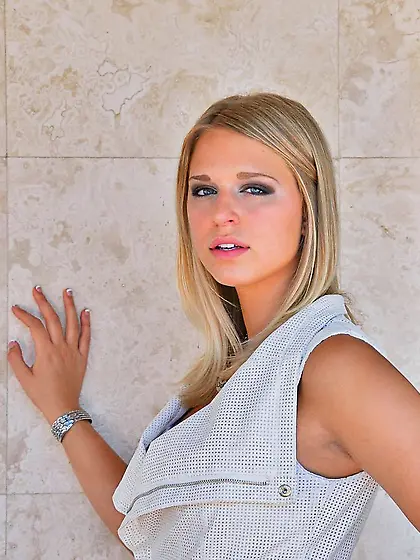 Lustful blonde Lacey Johnson flashes her blue thong and tits in