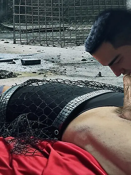 Black Superhero captured in netting.  KO and fondle