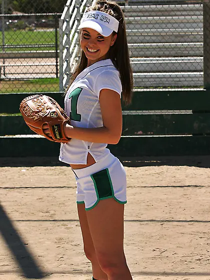 Cute teen chick Kari Sweets strips on the softball court and sho