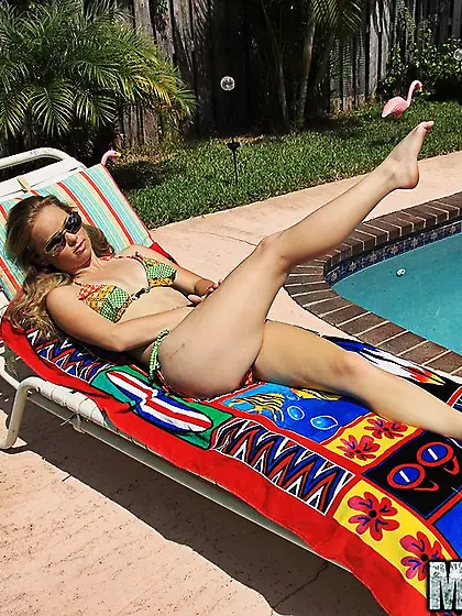 Beautiful blonde teen strips her little bikini to ride a fat coc