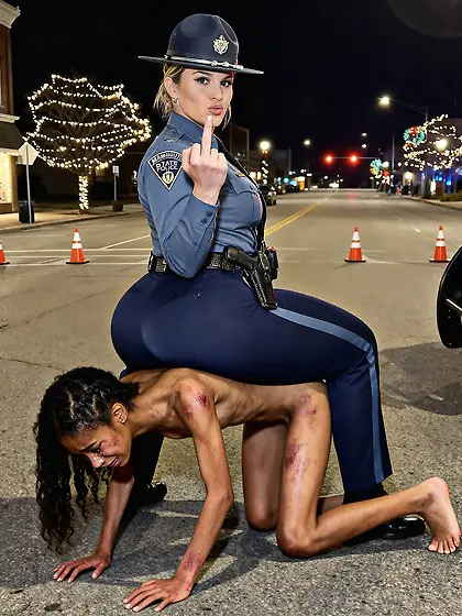 Cop Pawg sits on nigger and flips off camera