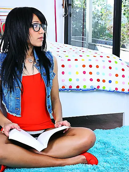 Awesome young brunette is getting her sweet hairy kitty penetrat