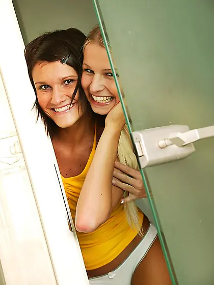 Cheerful teens come to the restroom and convince the landlord to