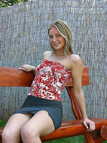 Sitting on the bench outdoors lusty Aliz B strips and dildo fuck