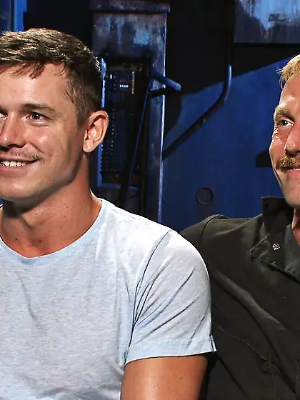 Bondage master moustaches jeering