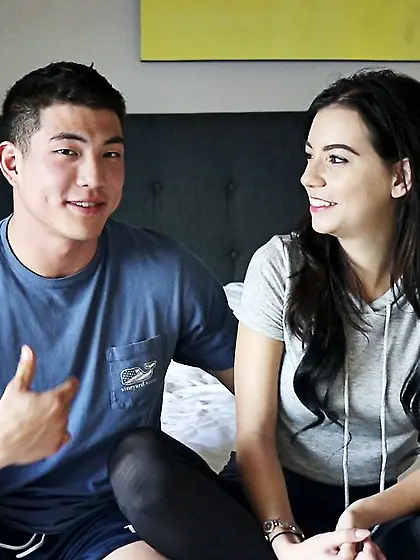 Thin brunette’s muscular bf does her so good