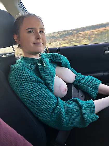 Girlfriend with tits out in car