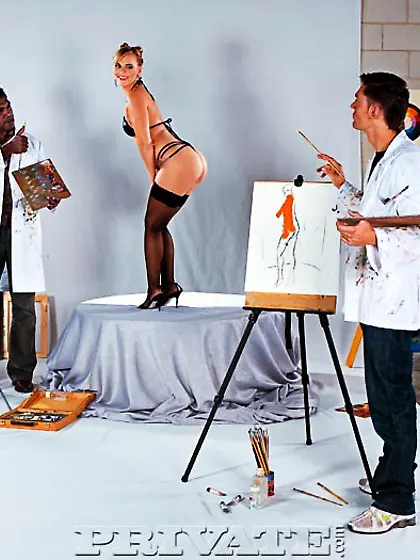 Sexy poser Ellen Saint in black stockings enjoys sperm after int