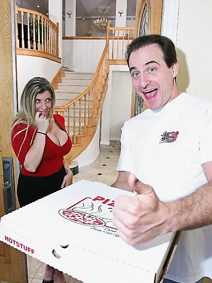 Sara Jay shows her massive big jugs to the pizza dude and gets d