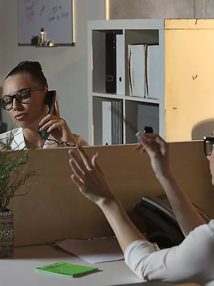 Two dark-haired office hotties fucking their nerdy coworker on c