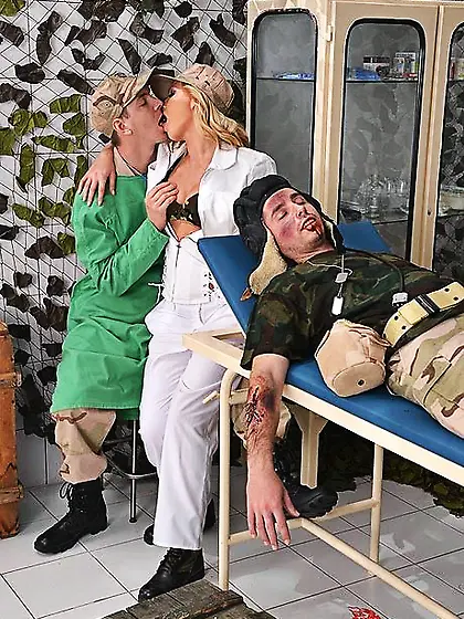 Military nurse initiates threesome sex with double penetration t