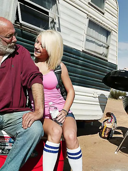 White haired teen Tessa Taylor gets banged by two old guys in th