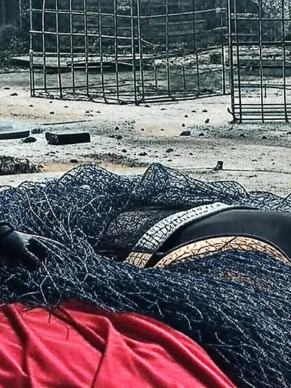 Black Superhero captured in netting.  KO and fondle