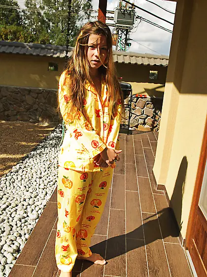 Cute teen angel Emily 18 takes off her yellow pajams and shows h